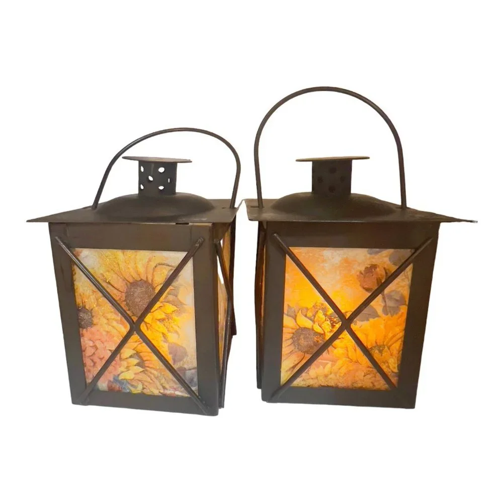Artisan Crafted Metal Lantern Decoupaged Sunflower Paper Set of 2 One of a Kind